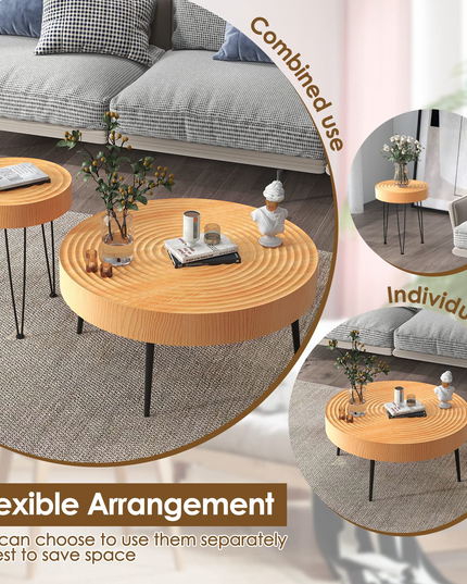 Giantex Round Coffee Table Set of 2 - Sofa Side Nesting Table w/Solid Pine Wood Top