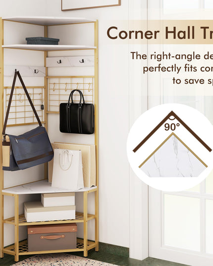 Giantex Corner Hall Tree, 73" Tall Coat Rack w/Shoe Storage Bench, 12 Metal Hooks, 5-Tier Entryway Shoes Shelf Organizer