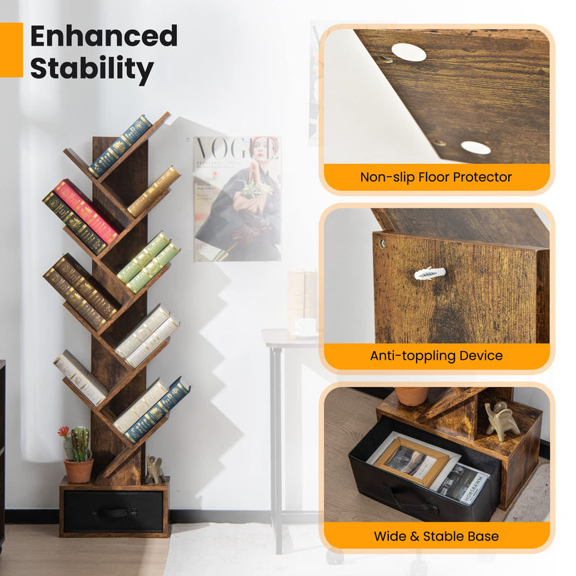 Giantex Tree Bookshelf with Drawer, 10 Shelf Space Saving