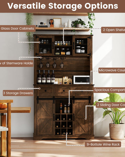 Giantex 72" Farmhouse Coffee Bar Cabinet w/Glass Doors & Wine Racks