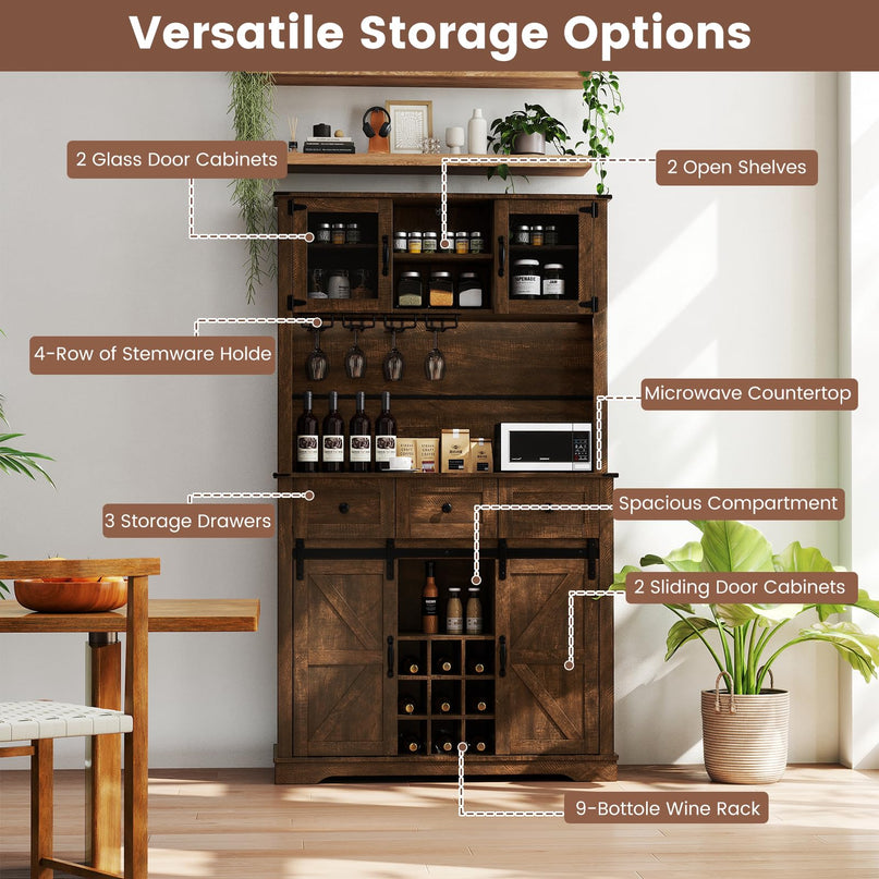 Giantex 72" Farmhouse Coffee Bar Cabinet w/Glass Doors & Wine Racks