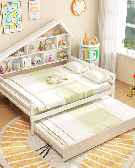 Giantex Full House Bed with Twin Trundle, Wood Daybed with 5 Cube Storage Bookcase & Headboard