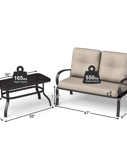 2 Pcs Patio Loveseat with Coffee Table Outdoor Bench with Cushion and Metal Frame