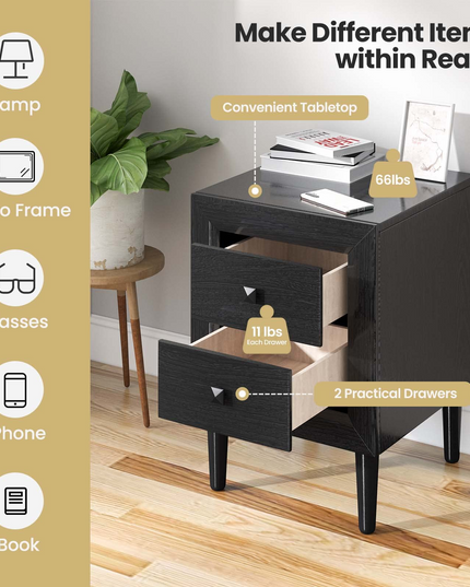 Nightstand Wooden W/Two Storage Drawers and Handles