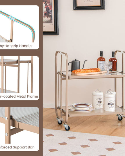 Giantex 2-Tier Mobile Serving Cart, Foldable Storage Cart on Wheels, Tempered Glass Shelf (Rose Gold)