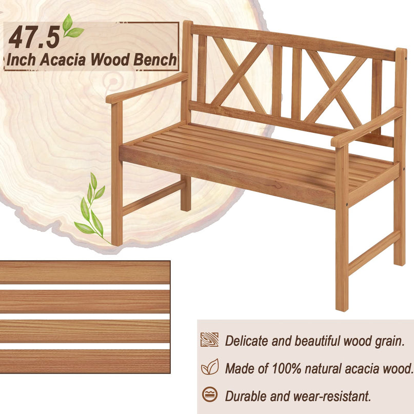 Giantex Outside Garden Bench Loveseat - 2-Person Acacia Wood Bench with Armrest