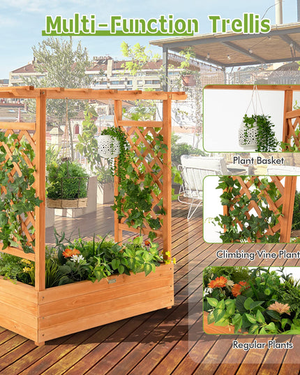 Giantex Raised Garden Bed with Trellis, Wood Planter Box with Roof & Side Trellis, Drain Holes