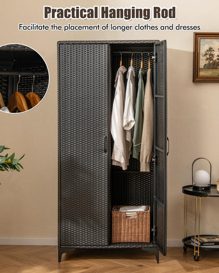 Giantex Wicker Storage Cabinet, 62” Tall Pantry Cabinet with 2 Doors, Hanging Rod, 4 Storage Cubes