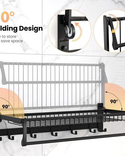 Giantex Foldable Towel Rack for Bathroom, Wall Mounted Towel Holder Organizer w/ 1 Basket, 1 Towel Bar & 5 Sliding Hooks