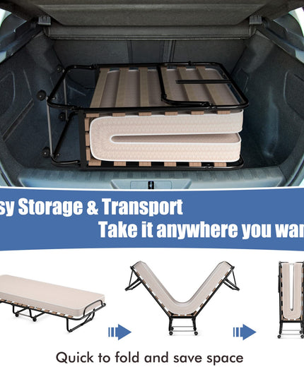 Giantex Folding Bed with Mattress for Adults, 75" x 32" Rollaway Guest Beds w/ 3 Inch Foam Mattress & Sturdy Metal Frame