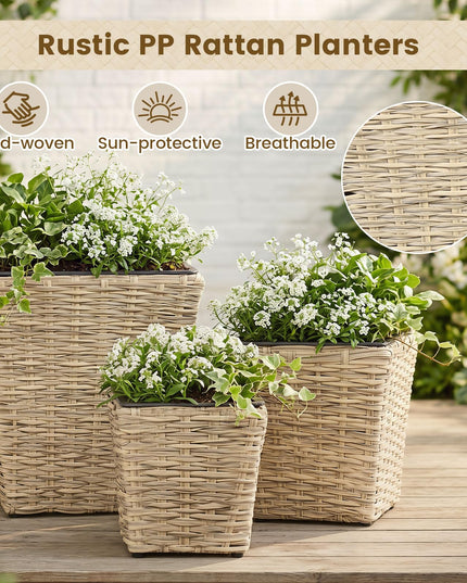 Giantex 3-Piece Rattan Planter Box Kit for Indoor & Outdoor Plants