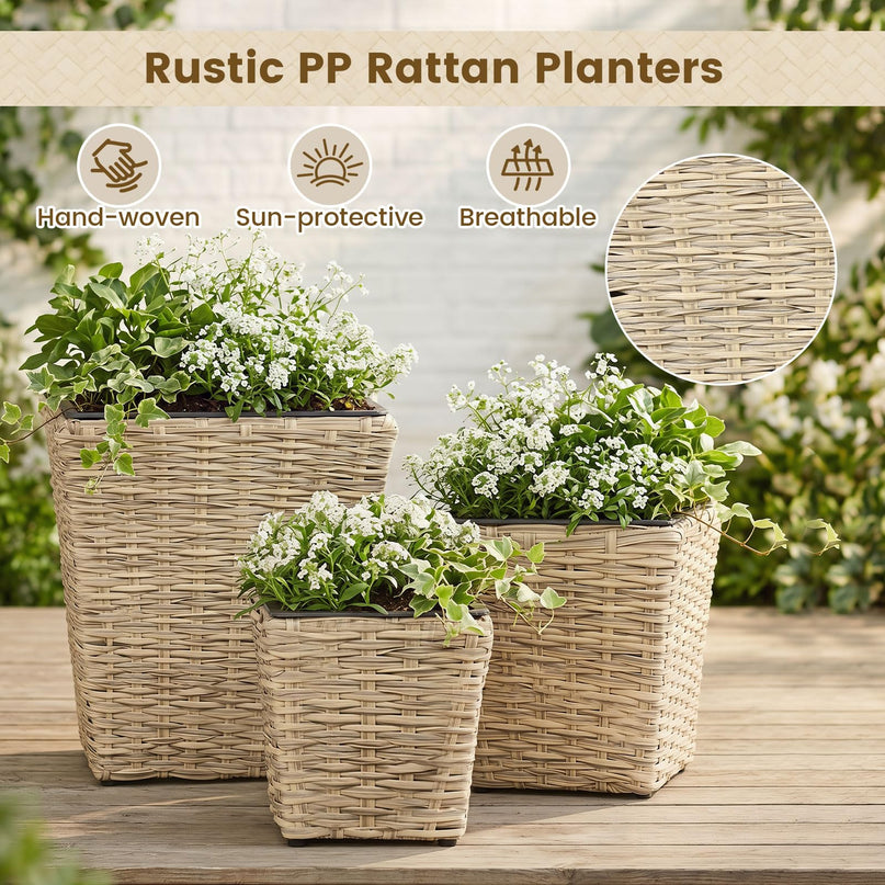 Giantex 3-Piece Rattan Planter Box Kit for Indoor & Outdoor Plants