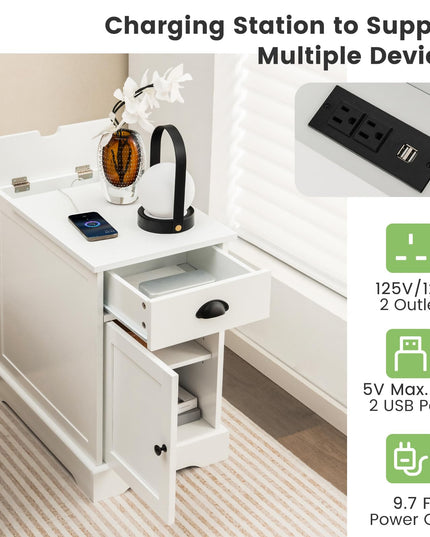 Table d'appoint Giantex avec station de recharge (lot de 2), table d'appoint à plateau relevable avec ports USB et prises électriques, blanc