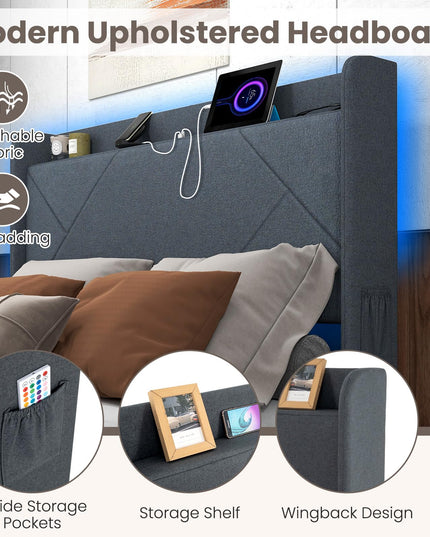 Giantex Full/Queen Size Bed Frame with 4 Storage Drawers & LED Lights, Headboard & Charging Station, Wooden Slats, Easy Assembly, Grey