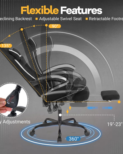 Fauteuil de gaming ergonomique et réglable avec repose-tête, repose-pieds et pivotement à 360°