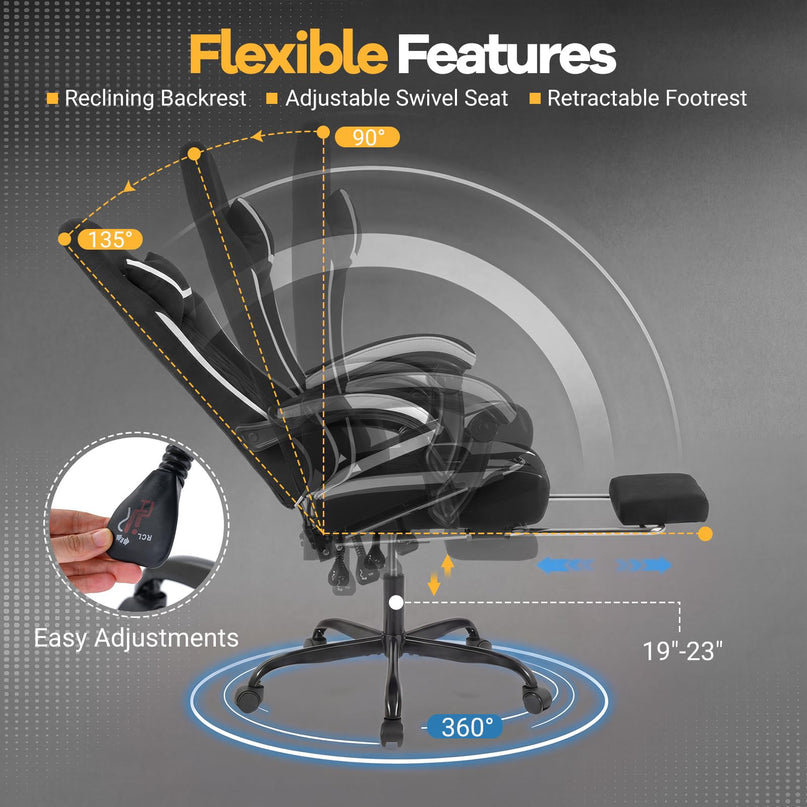Gaming Chair Height Adjustable Computer Chair with Headrest Footrest & 360° Swivel Seat