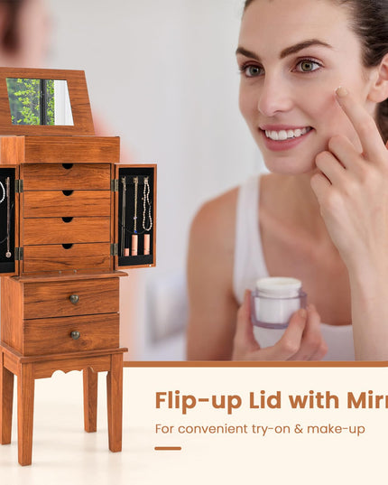 CHARMAID Jewelry Cabinet with 6 Drawers, Standing Jewelry Armoire with Flip Top Mirror, 2 Side Doors with 6 Necklace Hooks