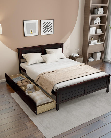 Giantex Wood Full Size Bed Frame with 2 Storage Drawers, Solid Wood Platform Bed with Headboard