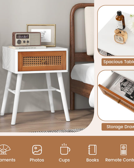 Giantex Rattan Nightstand, Mid Century Modern End Table with Handwoven Rattan Decorated Drawer