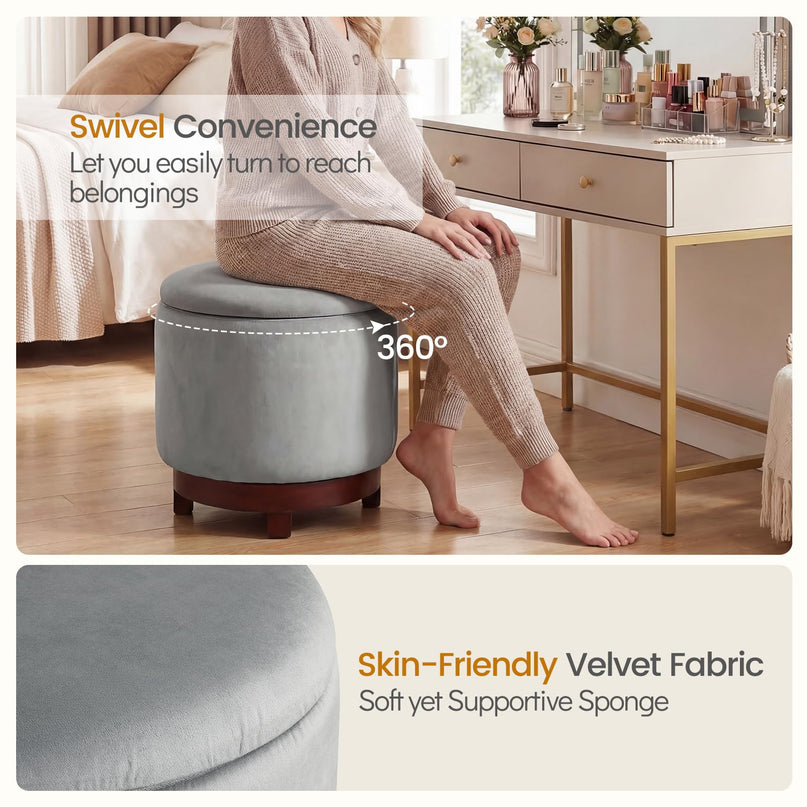 Giantex Round Ottoman with Storage 360° Swivel Velvet Vanity Stool