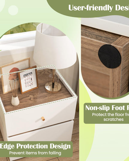 Giantex Modern Nightstand with 2 Storage Drawers, Wooden Night Stand with Raised Edge