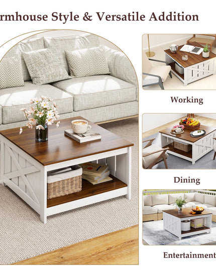 Giantex 31 Inch Farmhouse Square Wood Coffee Table with Storage Shelf  Open Compartment