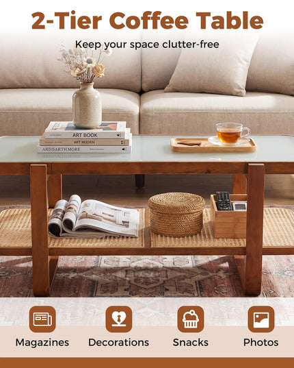 Giantex Rattan Coffee Table with Tempered Glass Top and Storage Shelf