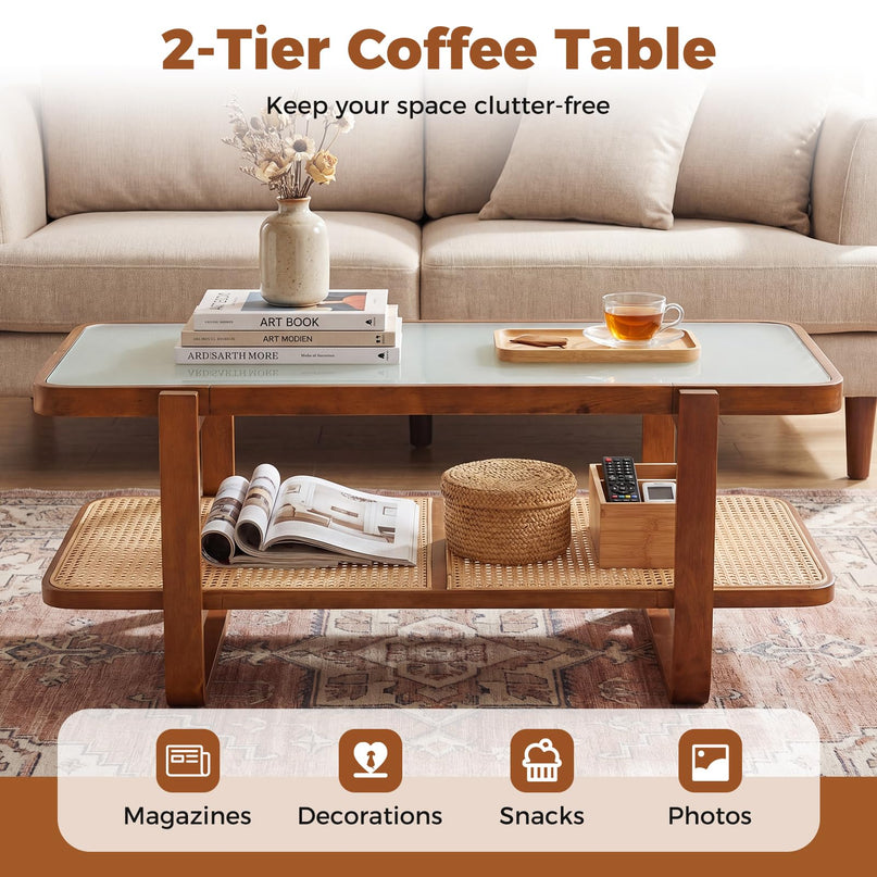 Giantex Rattan Coffee Table with Tempered Glass Top and Storage Shelf