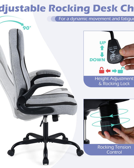 Chaise de bureau ergonomique Giantex | Chaise de bureau en tissu de lin avec accoudoirs relevables à 90°
