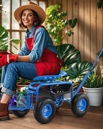 Giantex Garden Cart, 4-Wheel Gardening Workseat with Storage Basket
