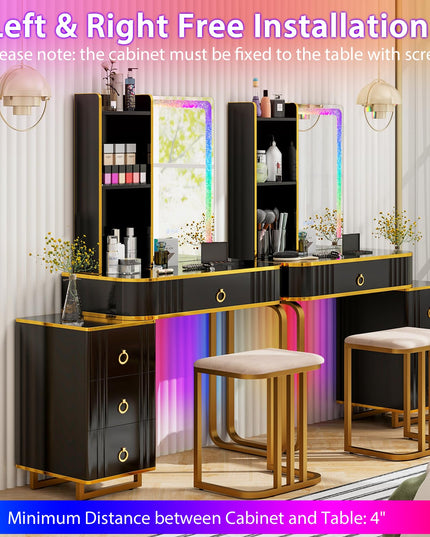 CHARMAID RBG LED Makeup Vanity Table, Colorful Lighted Mirror, 7 Dynamic & 7 Static Modes, 3-Drawer Chest