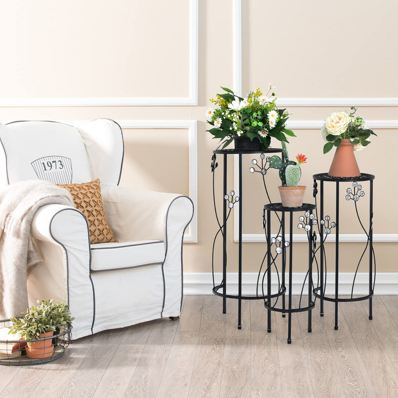 3 Pieces Flower Pots Display Rack with Vines and Crystal Floral Design