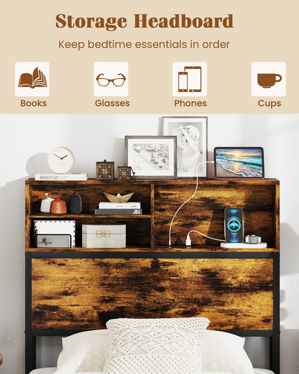 Giantex Bed Frame with Storage Headboard and Charging Station, Industrial Metal Platform Bed