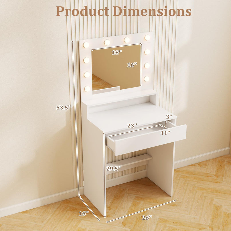 CHARMAID Vanity Desk with Mirror and Lights for Small Bedroom Narrow Space