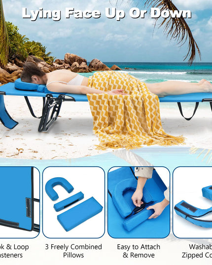 Giantex Folding Beach Tanning Chair - Adjustable Patio Lounge Chair w/Face Hole, Removable Pillows, Carry Strap