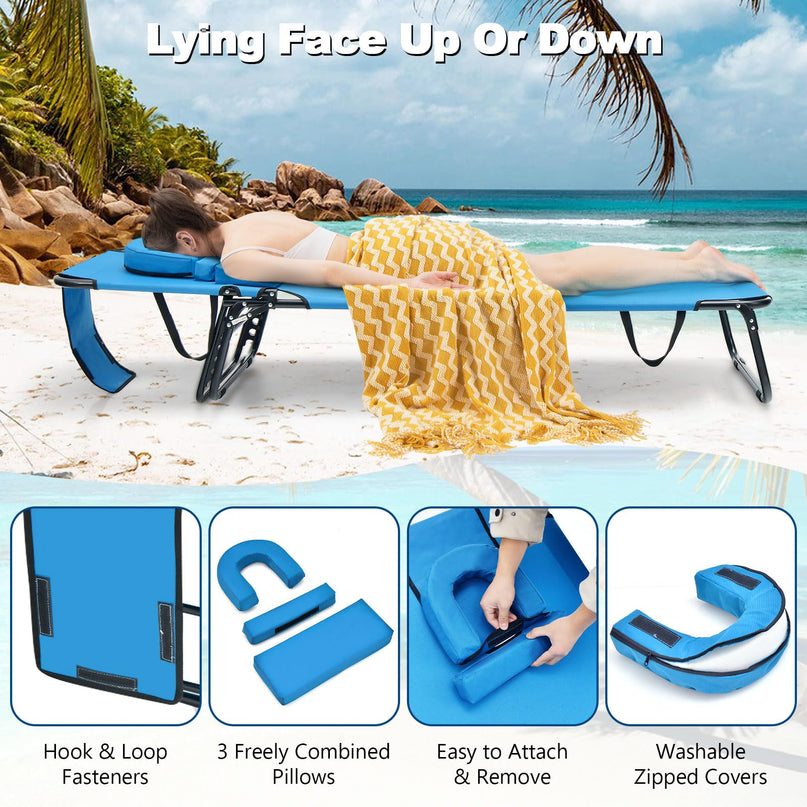 Giantex Folding Beach Tanning Chair - Adjustable Patio Lounge Chair w/Face Hole, Removable Pillows, Carry Strap