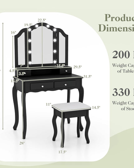 CHARMAID Vanity Desk with Lights - Makeup Vanity Table with Tri-Fold Mirror, 10 Adjustable Hollywood LED Lights, 4 Storage Drawers