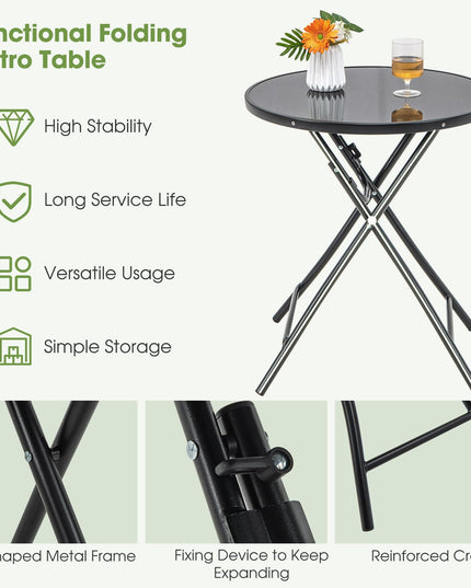 Giantex 23 Inch Round Bistro Table, Patio Folding Cocktail Table with Tempered Glass Tabletop