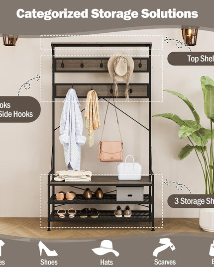 Giantex Freestanding Hall Tree with Shoe Storage Rack and 11 Hanging Hooks