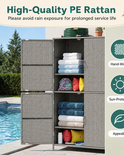 GIANTEX 4-Door PE Rattan Outdoor Storage Cabinet w/ Adjustable Shelves & Anti-Toppling Device