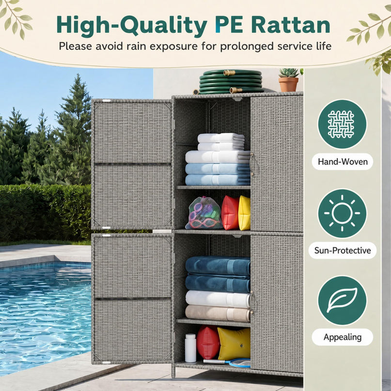 GIANTEX 4-Door PE Rattan Outdoor Storage Cabinet w/ Adjustable Shelves & Anti-Toppling Device