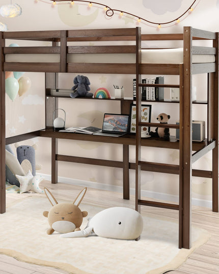 Giantex Twin Loft Bed with Desk and Bookshelf, Wooden Bed Frame with Safety Guardrail & Ladder