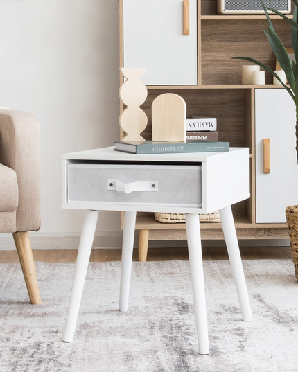 End Table Accent Bedside Table W/ 1 Removable Fabric Drawer and Solid Wooden Legs