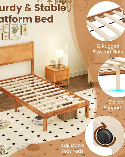 Giantex Wood Twin Bed/Full Size Bed/Queen Bed Frames with Headboard, Solid Acacia Wood Platform Bed with 12 Strong Wooden Slat Support