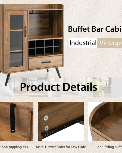 Giantex Buffet Sideboard with Drawer, Wine Cabinet for 8 Bottles, Glass Holder, 3 Tier Cupboard Tempered Glass Door (Rustic Brown & Black)
