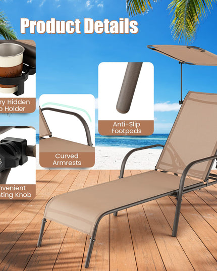 Giantex Patio Chaise Lounge Chair - Outdoor Beach Chair with Adjustable Canopy, Metal Frame Sunbathing Lounger for Outside