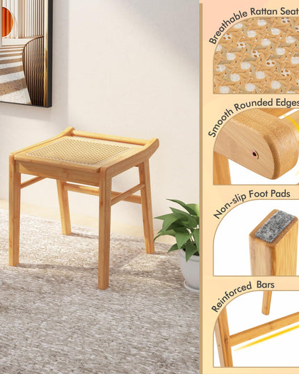 CHARMAID Vanity Stool, Bamboo Ottoman Foot Rest with Rattan Seat, Anti-Slip Foot Pads