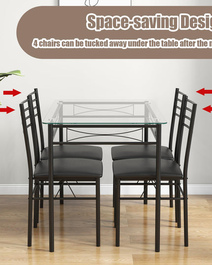 Giantex 5 Piece Dining Table Set, Kitchen Dining Set with Tempered Glass Table Top and 4 Upholstered Chairs (Black)