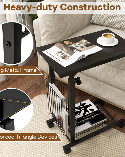 Giantex C Shaped End Table with Wheels, Height Adjustable Mobile Couch Snack Side Table with Storage Shelf