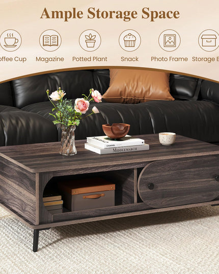 Giantex Mid Century Modern Coffee Table with Storage & Sliding Door